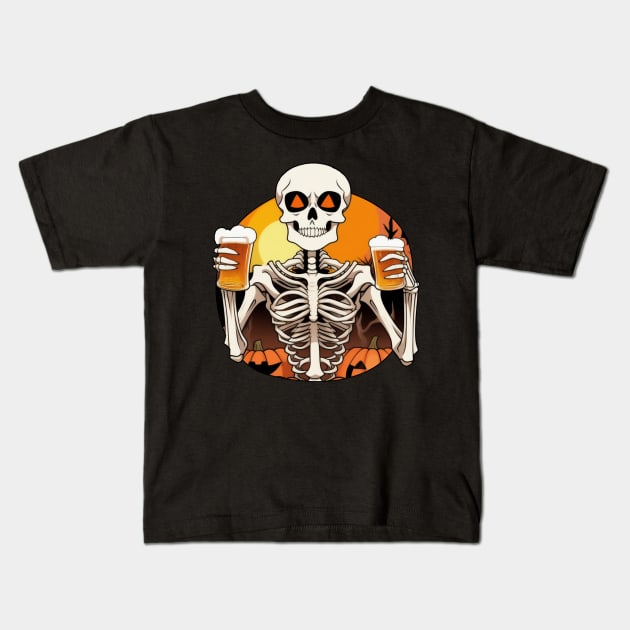 Skeleton Sunset Beer - Spooky and Stylish Halloween Theme Kids T-Shirt by Rishirt